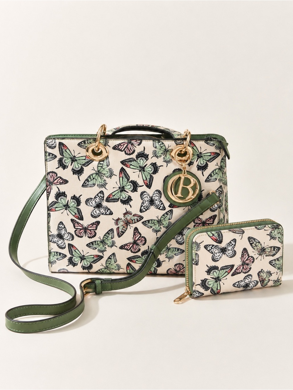 Butterfly Print Satchel & Wallet Set - Green Trim nwt